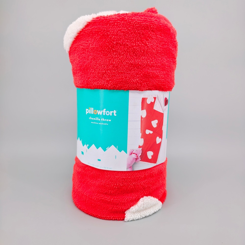 Pillowfort Chenille Throw Blanket Red White Hearts 50x60 Kids Bedding Soft New